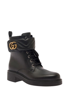 Gucci Women Black Ankle Boot With Double 'G' And Textured Hardware In Leather Woman