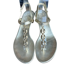 GUCCI Metallic Gold Leather Marina Chain T Strap Block Heel Sandals, Size 36