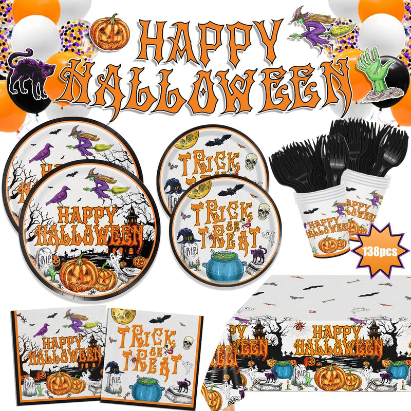 Vintage Halloween Paper Plates and Napkins Halloween Party Supplies 138pcs Halloween Tableware Set Includes Halloween Party Plates Cups Napkins Banner Tablecloth for Kids Serve 24