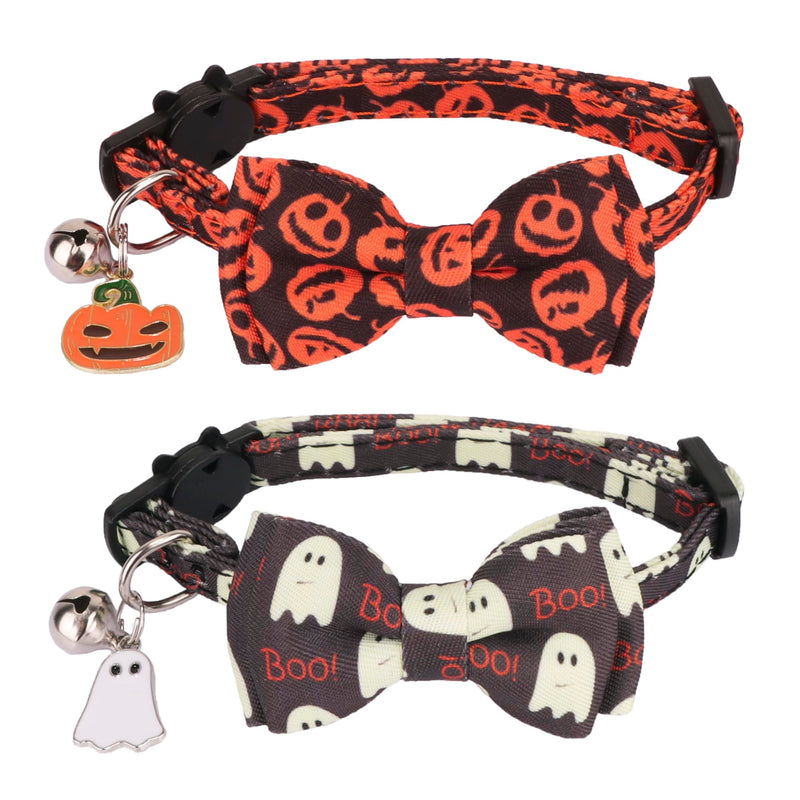 ADOGGYGO Halloween Cat Collar with Bowtie Bell 2 Pack Halloween Kitten Collar with Removable Bow Pumpkin Ghost Cat Halloween Collars for Cat Kitten (Halloween)