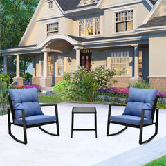 3 Pieces Patio Bistro Set Outdoor Rocking Chair with Blue Cushion for Yard Garden Poolside