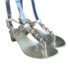 GUCCI Metallic Gold Leather Marina Chain T Strap Block Heel Sandals, Size 36