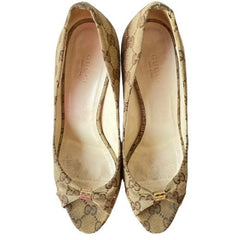 GUCCI Beige/Ebony GG Canvas Cyprus Cork Wedges, Size 37.5
