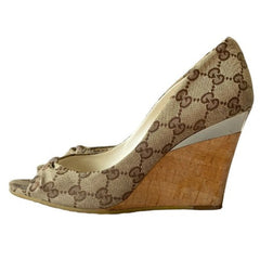 GUCCI Beige/Ebony GG Canvas Cyprus Cork Wedges, Size 37.5
