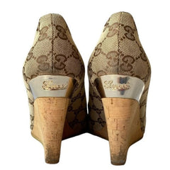 GUCCI Beige/Ebony GG Canvas Cyprus Cork Wedges, Size 37.5