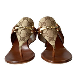 NEW GUCCI Beige GG Monogram Canvas Brown Leather Horsebit Thong Heels, Size 35