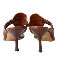 NEW GUCCI Beige GG Monogram Canvas Brown Leather Horsebit Thong Heels, Size 35