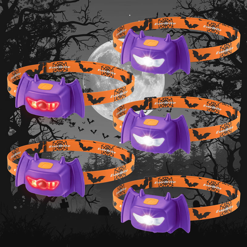 EverBrite Halloween Bat Headlamps Halloween Gifts 5 Pack Head Lamps with Warm/Red/Strobe 3 Modes Headlights for Halloween Party and Decorations