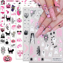 Halloween Nail Stickers Halloween Nail Art Decals 3D Self-Adhesive Pink Ghost Skull Spider Pumpkin Halloween Nail Design DIY Holiday Nail Decoration for Halloween Party (6 Sheets)