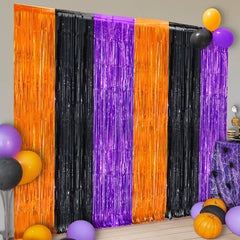 KatchOn Orange Black and Purple Foil Fringe Curtain - XtraLarge 3.2x6.5 Feet Pack of 2 | Halloween Streamers for Halloween Decorations | Halloween Backdrop Curtain for Halloween Party Decorations